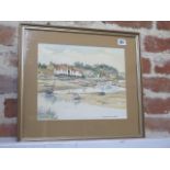 Janet Beckett watercolour Burnham Overy Staithe Norfolk, frame size 39cm x 44cm, some fly under