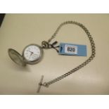 An 800 silver and silver plate pocket watch on chain, 5cm case, running and hands advance, no glass,