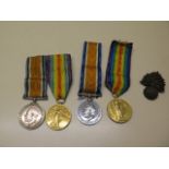 Two pairs of WWI medals and Royal Fusiliers badge 279199 PTE P Burke, 4 London regt; 238107 PTE B