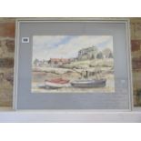 Janet Beckett watercolour Brancaster Staithe Norfolk, frame size 41cm x 50cm, some fly under glass