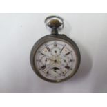 An Acier Garanti calendar pocket watch, white dial with Roman numerals, day, date, month, second and