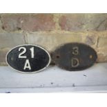 Two oval railway shed plates 21A and 3D, 18.5cm x 12cm
