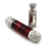 A Victorian silver-mounted red glass double scent bottle, cylindrical glass body, one end with a