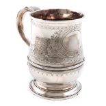 A George II silver mug, by John Bayley, London 1759, baluster form, central girdle, scroll handle,