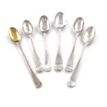 A small collection of six George II silver Hanoverian pattern snuff or toy spoons, including: one by