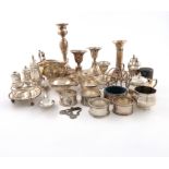 A mixed lot of silver items, various dates and makers, comprising: a pair of dwarf candlesticks,