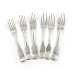 A collection of six George III Irish silver Fiddle pattern dessert forks, four by Richard