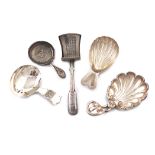 A small collection of five antique silver caddy spoons, various dates and makers, including: a