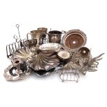 A mixed lot of electroplated item, comprising: a salver, of circular form, chased decoration, two