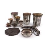 A mixed lot of foreign silver items, comprising: five assorted beakers, tapering circular form, four