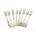 A collection of eight George III Irish silver Old English pattern dessert forks, by John Pittar,