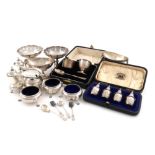 A mixed lot of silver items, various dates and makers, comprising: a cased set of four pepper