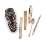 λAn 18th century silver and agate etui, unmarked, shaped tapering oblong form, with panels of agate,