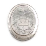 A George I silver tobacco box, by Edward Cornock, London 1723, oval form, the cover with an armorial