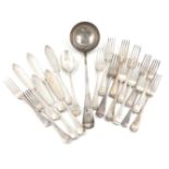 A collection of silver Old English pattern flatware, various dates and makers, comprising: a soup