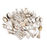 A collection of silver Fiddle pattern flatware, various dates and makers, including: a basting