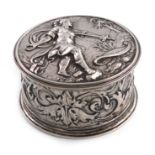 A late 17th century silver dressing table box, unmarked, circa 1680, circular form, the pull-off