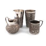 A small collection of Indian silver, comprising: a Kashmiri goblet of tapering circular form, chased