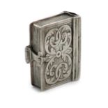 A 17th century silver spice box, unmarked, book form, with two hinged covers with engraved foliate