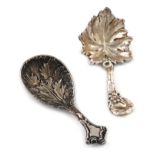 A Victorian cast silver caddy spoon, by G.R. Elkington, London 1862, fig-shaped bowl with acanthus