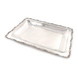 A Columbian metalware serving platter, unmarked, rectangular form, foliate scroll border, length