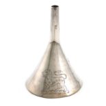 A late 17th century silver wine funnel, unmarked circa 1690, tapering cylindrical and conical
