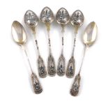 A set of six 19th century Russian silver and niello work teaspoons, assay master A. Svechin,