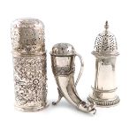 A small collection of three silver sugar casters, comprising: a Victorian one modelled as a drinking