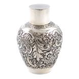 A silver tea canister, by Hunt and Roskell, London 1934, tapering baluster form, embossed with