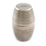 A George III silver nutmeg grater, by Thomas Meriton, London 1797, barrel form, with bands of reeded