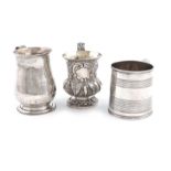 A small collection of three antique silver christening mugs, comprising: a William IV mug, by Robert