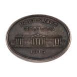 A George III silver token, unmarked, circa 1813, oval form, the front with a building and the