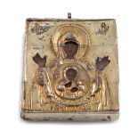 A small 19th century silver-gilt covered icon, unmarked probably Russian, also with a French