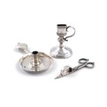 A George III miniature silver snuffer stand and scissor snuffers, by David Clayton, London circa