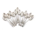 A collection of thirteen George III silver Old English pattern dessert spoons, various dates and