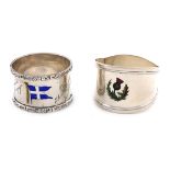 An Edwardian silver and enamel souvenir napkin ring, by Walker and Hall, Sheffield 1905, enamelled