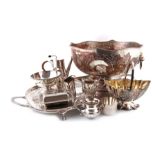 λA large quantity of electroplated items, including a four-piece tea and coffee set, a tray, a punch