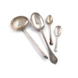 A mixed lot of silver flatware, comprising: a William III West Country silver Trefid spoon, by