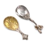 A Victorian cast silver caddy spoon, by George Adams, London 1851, gilded fig-shaped bowl with