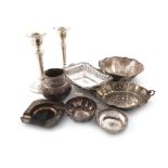 A mixed lot of silver items, various dates and makers, comprising: a pair of candlesticks, by S.