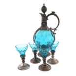 A late-19th century electroplated mounted glass liqueur set, possibly Austro-Hungarian, dimpled