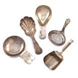 A collection of five antique silver caddy spoons, various dates and makers, including: a George