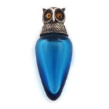 A Victorian novelty silver-mounted owl scent bottle, by S. Mordan and Co, London 1894, tapering blue