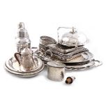 A collection of electroplated items, comprising: a two handled tray of oval form, pierced scroll