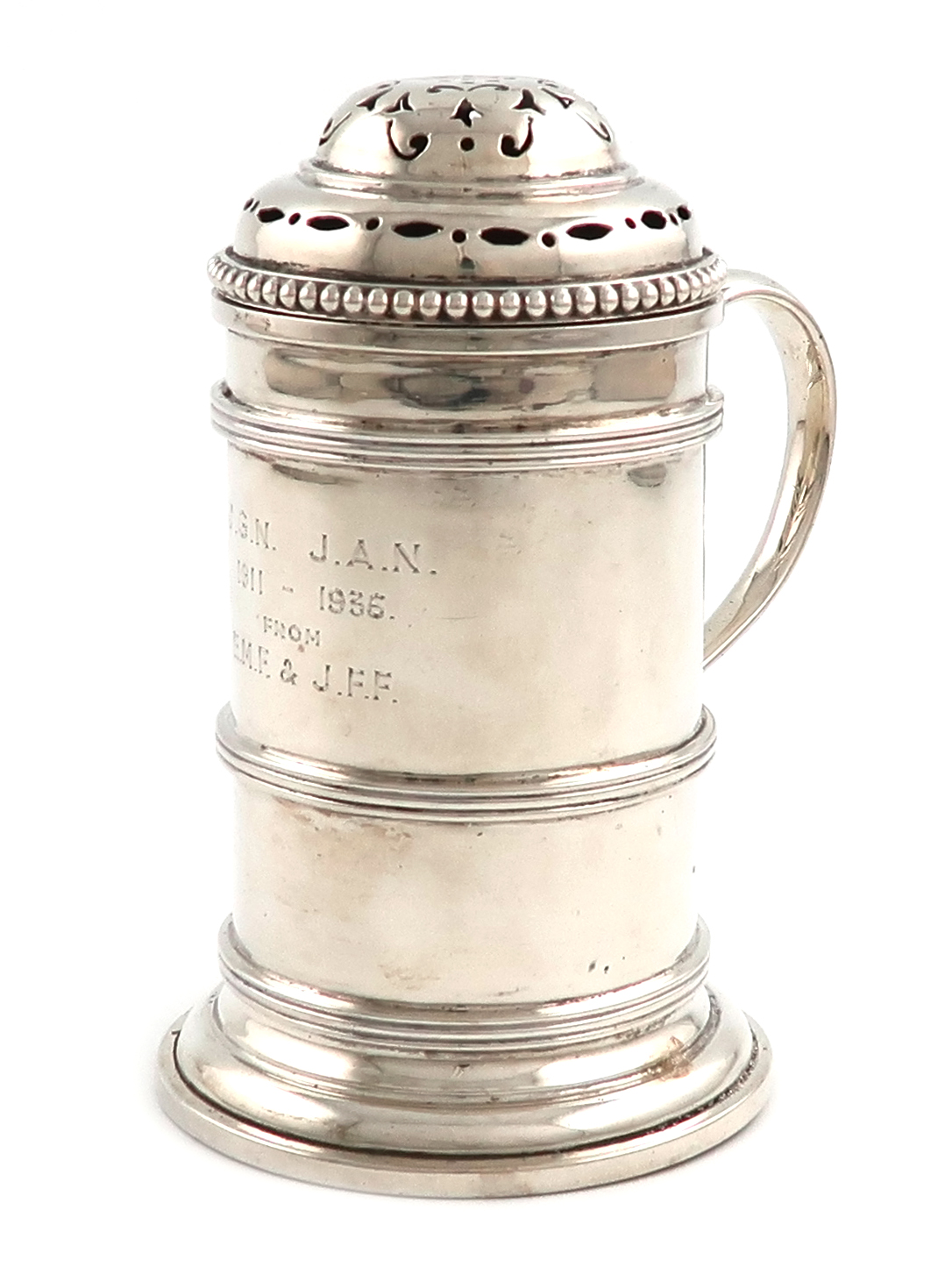 A silver flour shaker, by Fowler & Polglaze Ltd, London 1935, cylindrical form, scroll handle, the