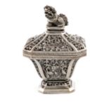 A Chinese silver pot-pourri pot and cover, marked to the underside with Chinese characters,