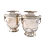 A pair of George III old Sheffield plated wine coolers, the underside stamped with an M or a W,