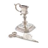 A Queen Anne silver snuffers stand and pair of silver scissor snuffers, by Joseph Bird, London