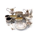 A mixed lot of silver items, various dates and makers, comprising: a pair of George III salt