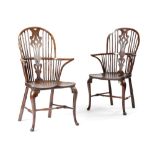 A NEAR PAIR OF GEORGE III YEW AND ELM WINDSOR ARMCHAIRS C.1770-80 each with a hoop stick back
